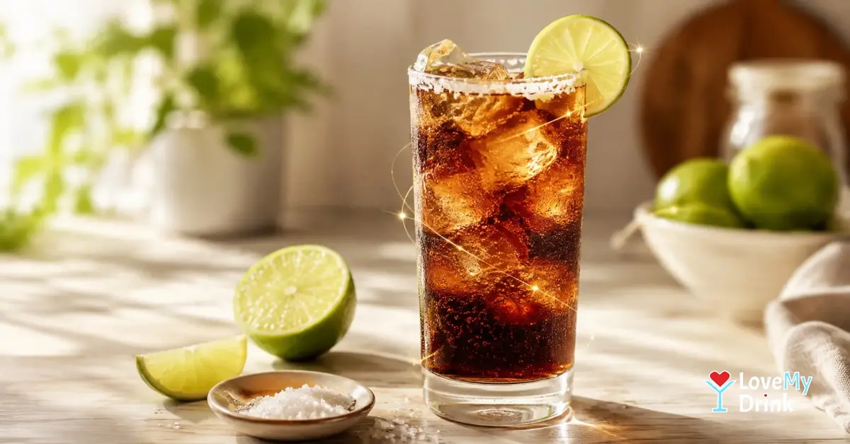 Batanga cocktail with lime and salt rim in a sunlit glass, served over ice on a bright table