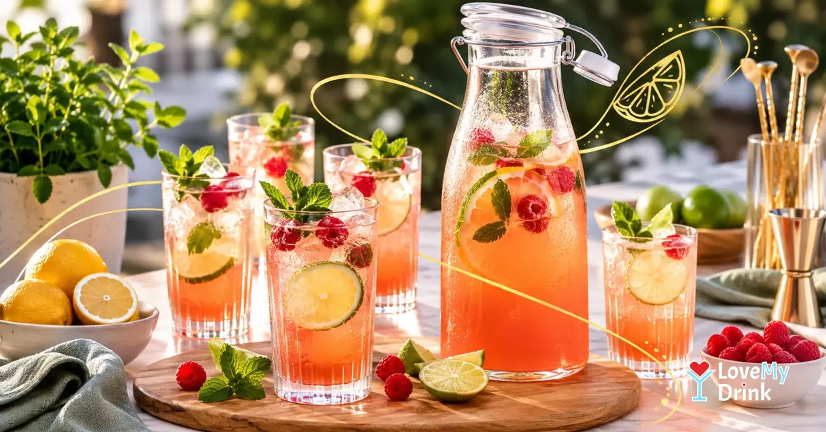 Pink citrus mocktail batch in a chilled carafe with six glasses, raspberries, mint and lemon.