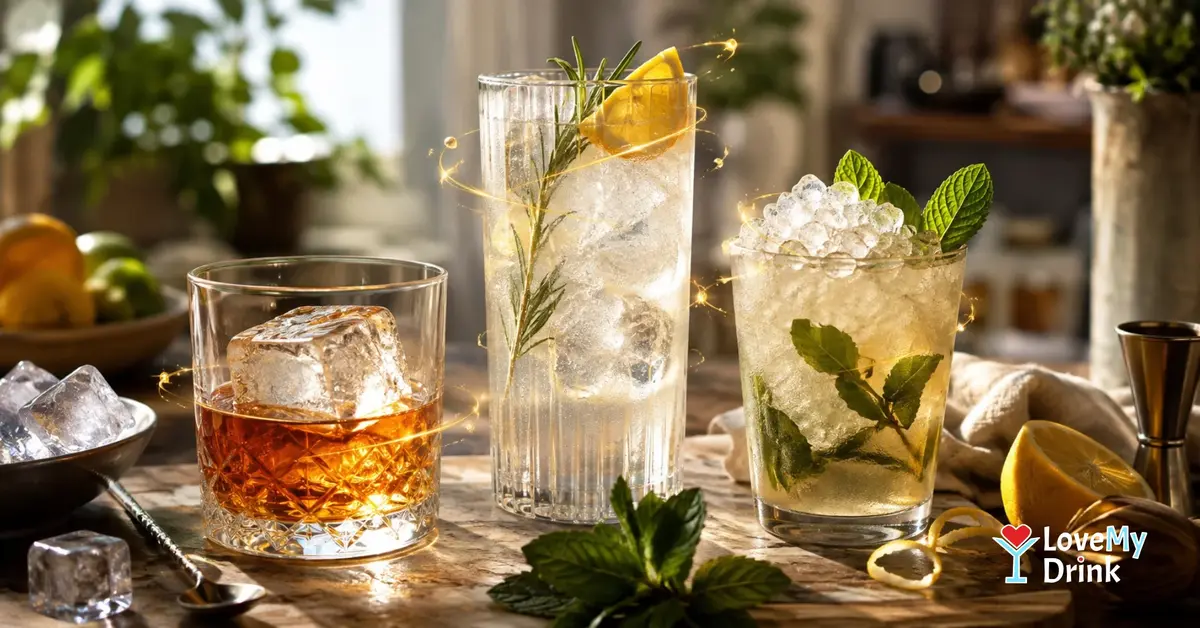 Three cocktails showing a large ice cube, regular cubes and crushed ice in a warm home bar setting.