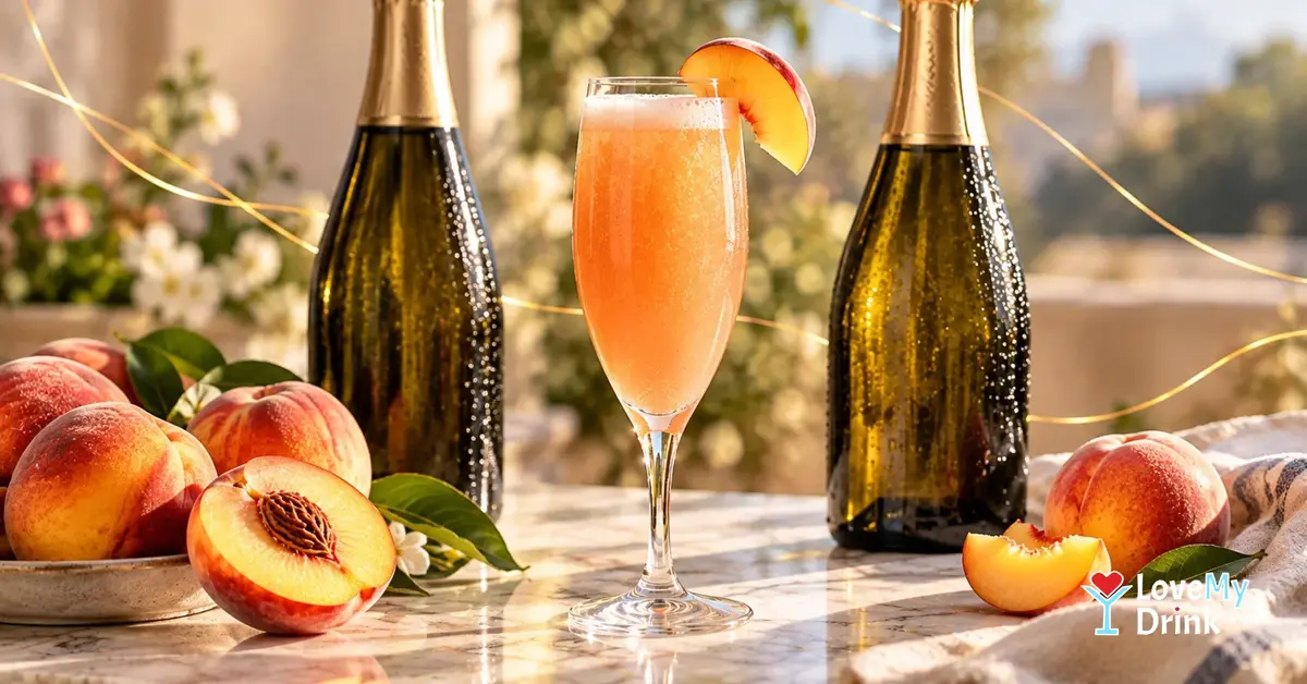Peach Bellini cocktail between two Prosecco bottles, surrounded by fresh peaches and golden accents.