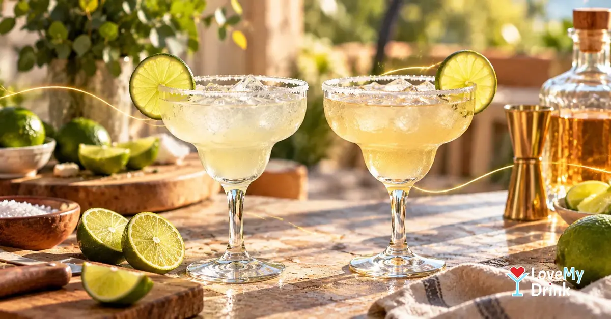 Two lime-garnished Margaritas made with blanco and reposado tequila on a sunlit stone countertop.