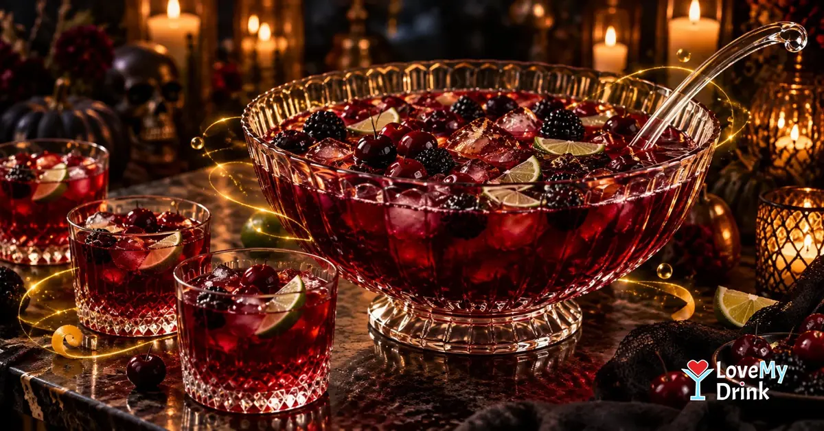 Blood-red Halloween punch in a glass bowl with cherries, blackberries and lime, surrounded by candles and golden light.