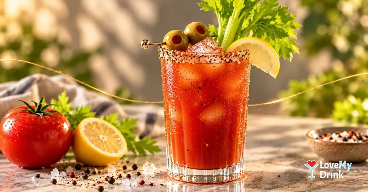 Bloody Mary with celery, lemon and olives in warm golden light with tomato and spices