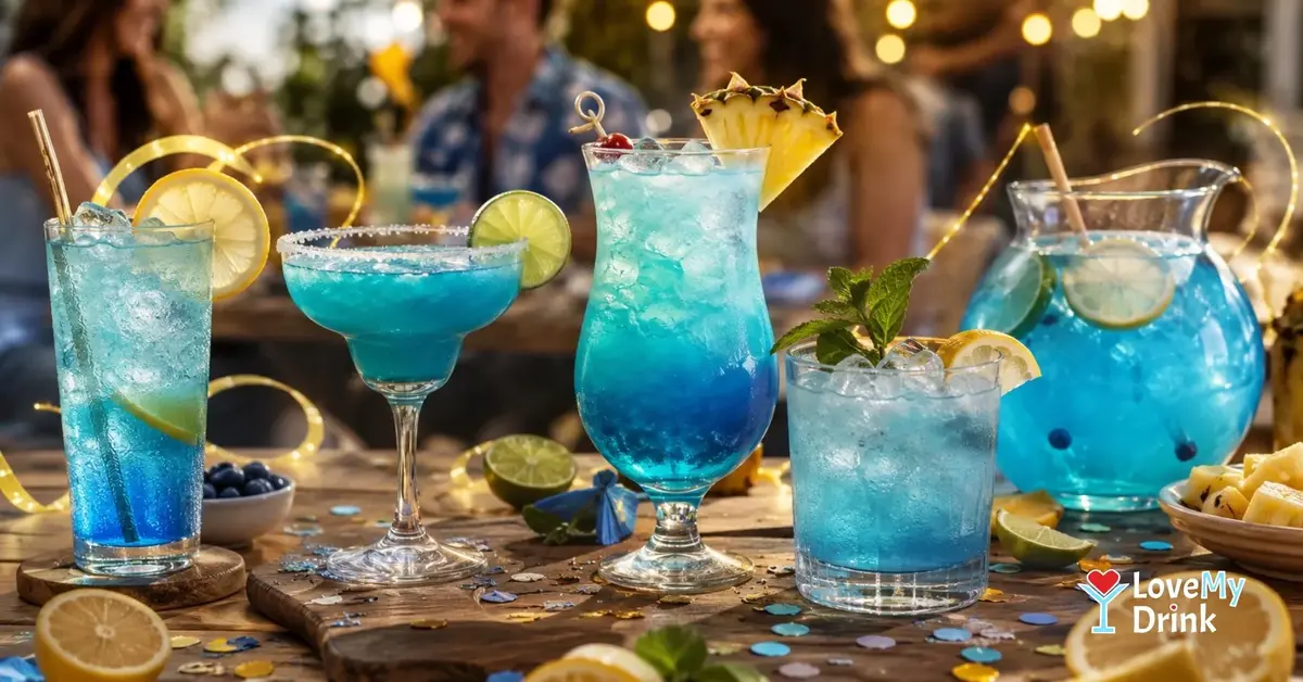 Blue cocktails on a party table with citrus and ice