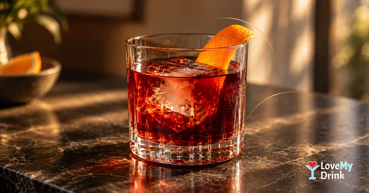 Boulevardier with bourbon, Campari and sweet vermouth over a large ice cube with orange peel.