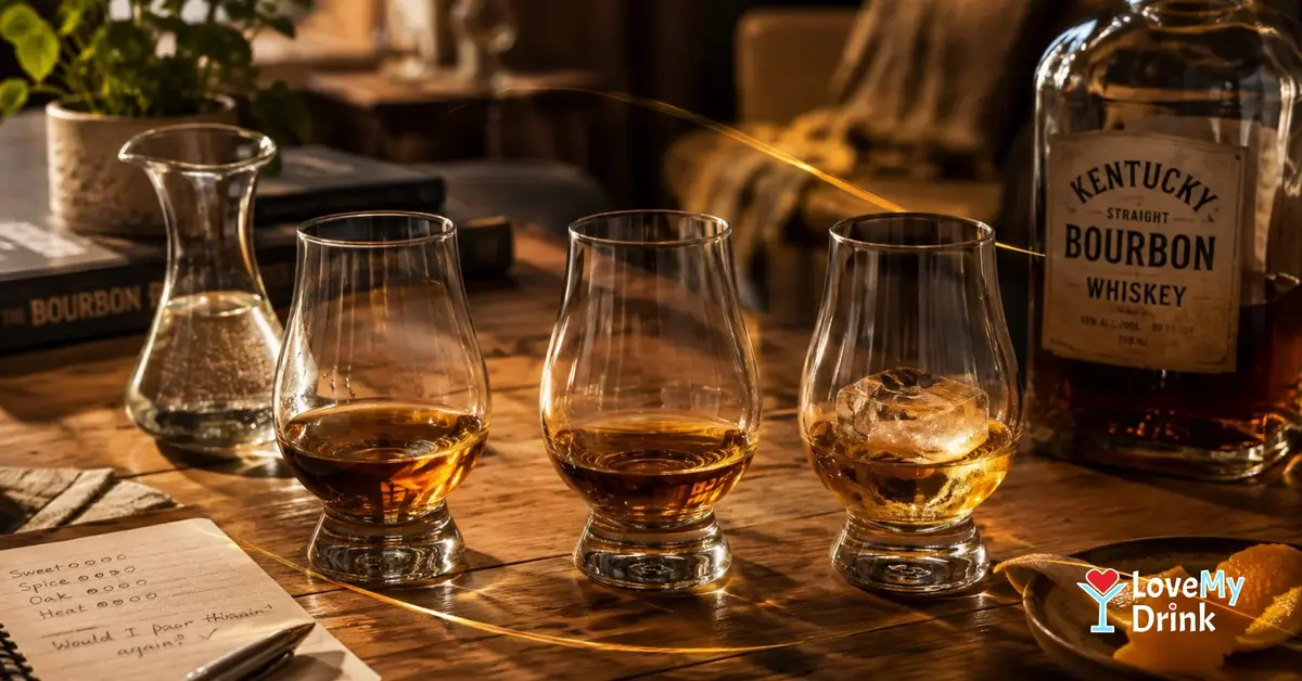 Three bourbon tasting glasses served neat, with water and over ice