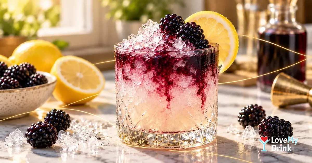 Classic Bramble cocktail with gin, lemon, blackberry liqueur and crushed ice, garnished with fresh blackberries.