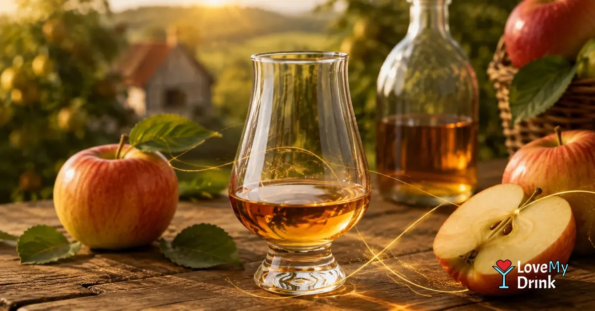 Tulip glass of amber Calvados with fresh apples on a rustic table.