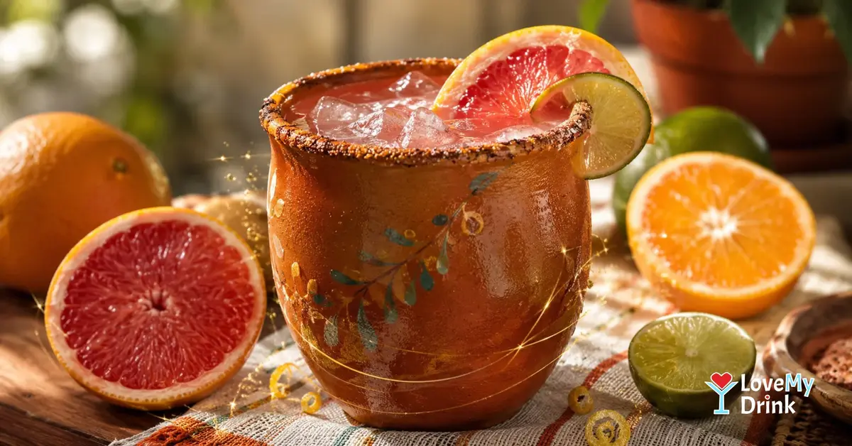 Fresh Cantarito cocktail in a clay cup with grapefruit, orange and lime.
