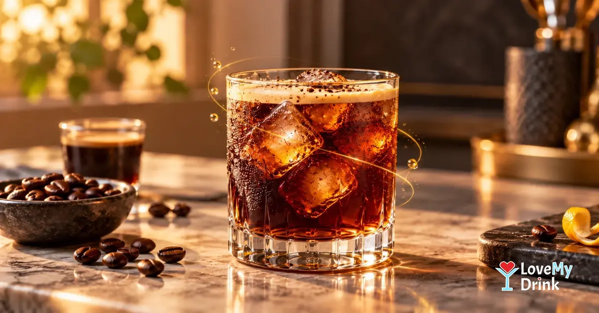 Iced Carajillo cocktail with espresso foam in a rocks glass, coffee beans and warm golden light.