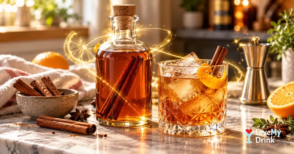 Homemade cinnamon syrup in a corked glass bottle beside an amber cocktail with orange and cinnamon.
