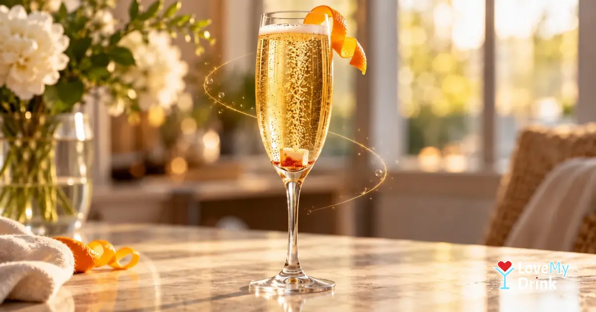 Classic Champagne Cocktail in a flute with a bitters-soaked sugar cube and rising bubbles in warm light.