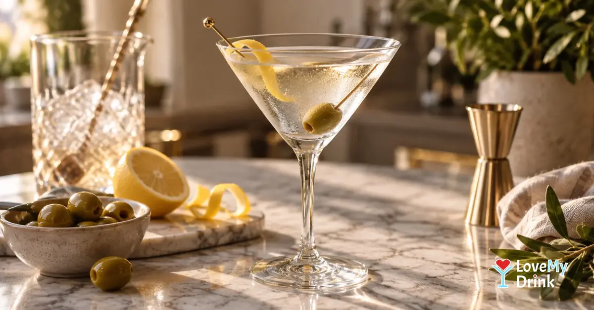 Classic Martini with olive and lemon twist on a sunlit home bar, with mixing glass and jigger.