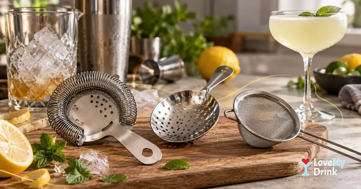Hawthorne, Julep and fine-mesh cocktail strainers beside a citrus cocktail in a bright home bar.