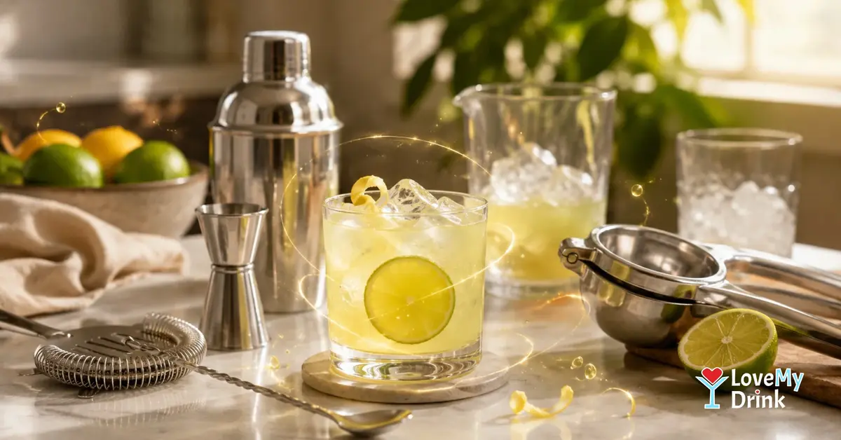 Beginner cocktail tools with shaker, jigger, strainer and citrus press beside a fresh lime cocktail.