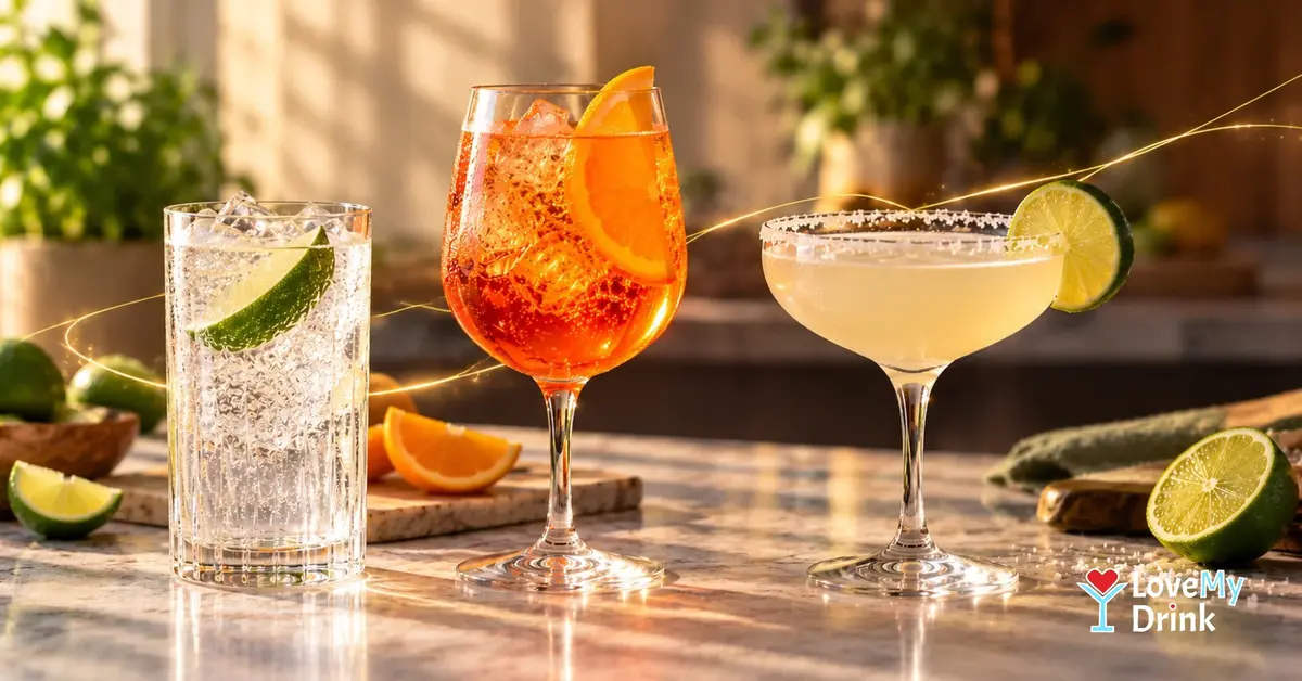 Three cocktails arranged by effort level, from a simple highball to a shaken citrus cocktail.