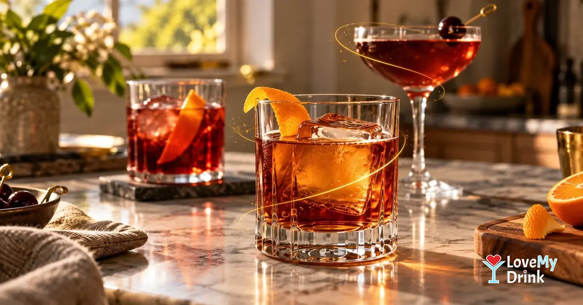 Old Fashioned, Negroni and Manhattan cocktails in warm afternoon light on a marble counter.