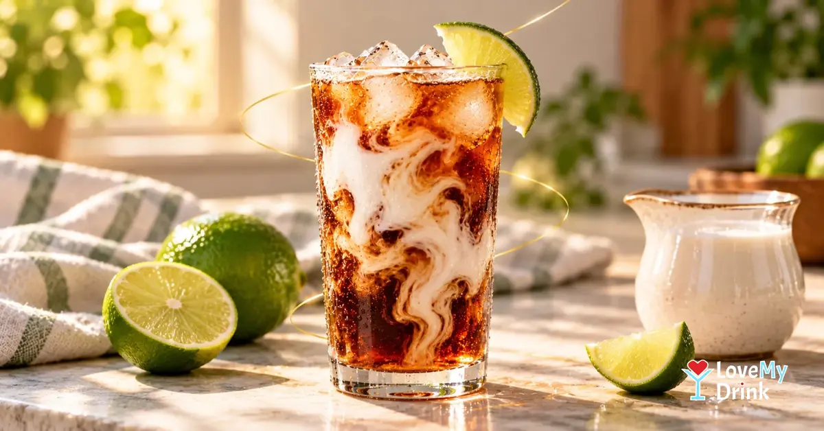 Tall glass of coconut lime dirty soda with creamy swirls, ice and fresh lime in warm natural kitchen light.