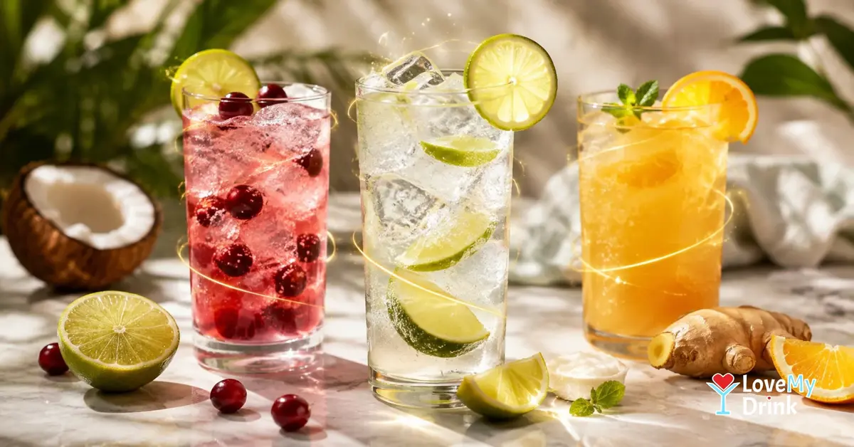 Three colorful coconut rum cocktails with citrus, ice in warm sunlight.