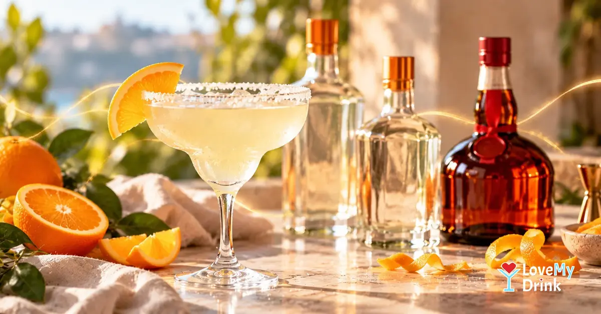 A citrus Margarita beside two clear liqueur bottles and one amber bottle, with fresh oranges in warm sunlight.