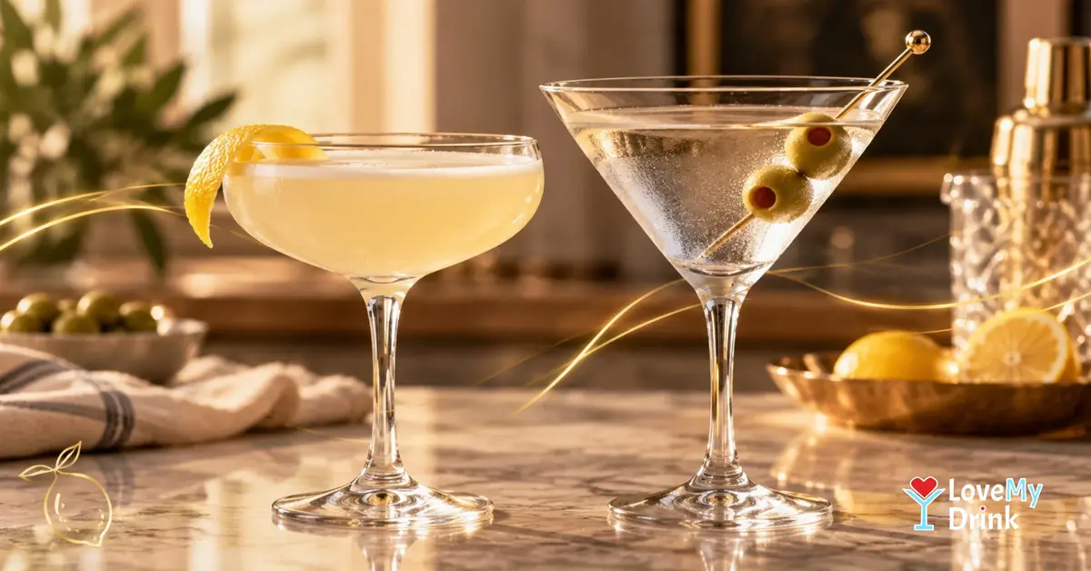 Coupe glass with a lemon twist beside an olive-garnished Martini glass on a warm home bar counter.