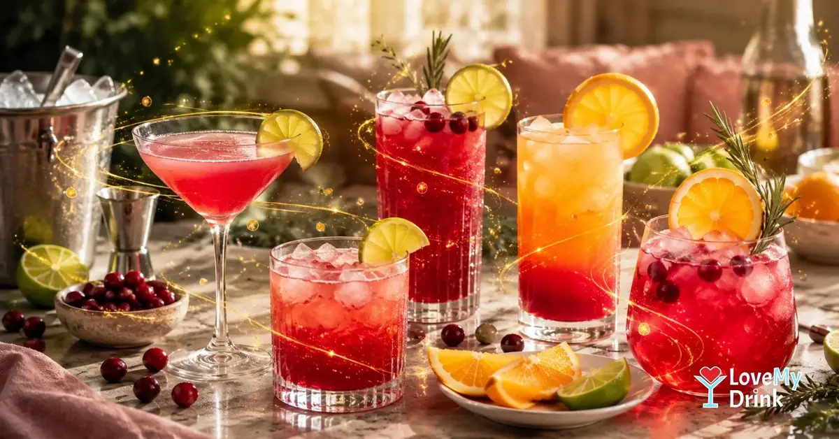 Cranberry juice cocktails on a party table with citrus, cranberries and subtle golden lemon lines.