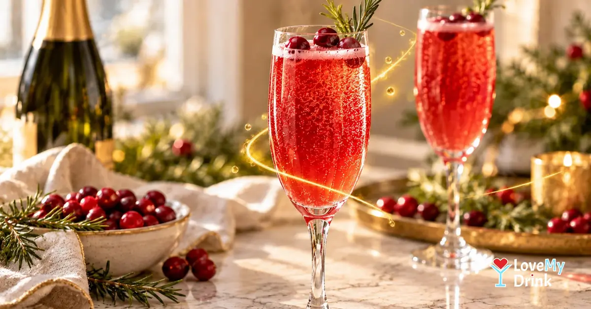 Sparkling cranberry mimosa with fresh cranberries and rosemary on a warmly lit holiday brunch table.