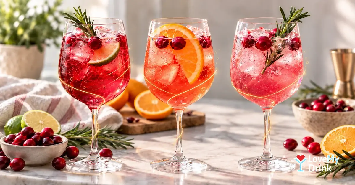 Three cranberry spritzes in dry, fruity and zero-proof styles with citrus, cranberries and rosemary.