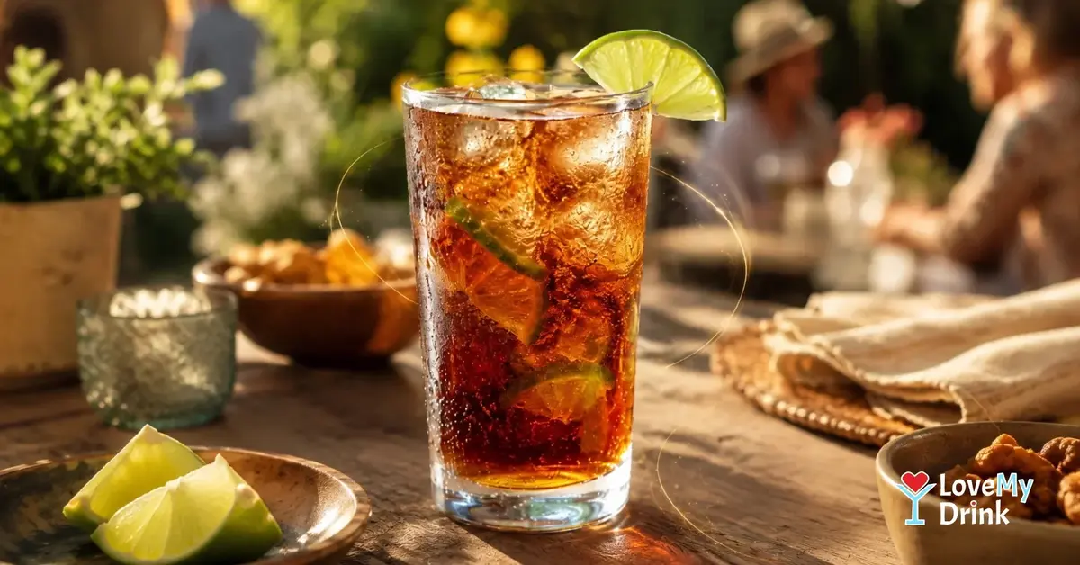 Cuba Libre cocktail with rum, cola and lime on a sunny garden table.