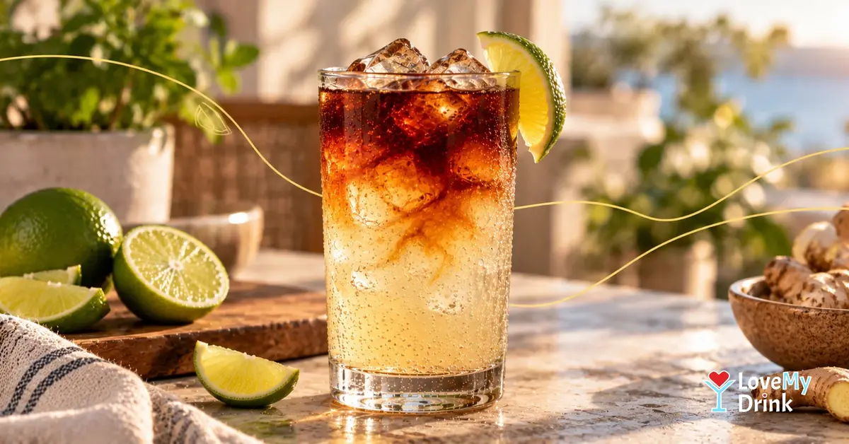 Dark ’n’ Stormy cocktail with dark rum layered over ginger beer, ice and fresh lime on a sunlit kitchen counter.