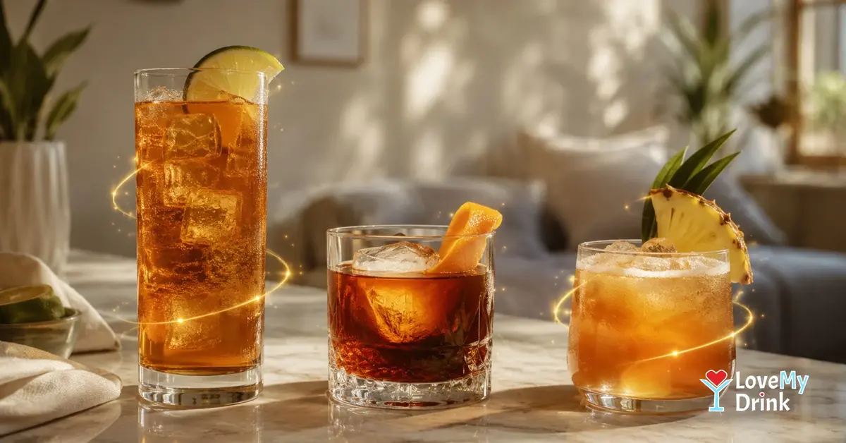Three dark rum cocktails with lime, orange and pineapple, wrapped in subtle golden lemon lines.