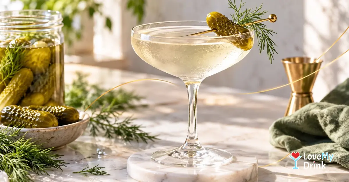 Chilled Dill Pickle Martini garnished with a gherkin and fresh dill in a sunlit home kitchen.