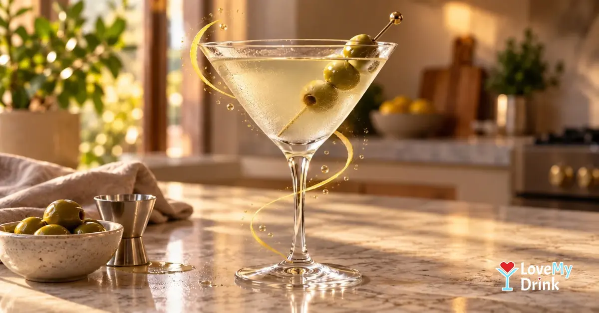A chilled Dirty Martini with green olives on a sunlit kitchen counter, surrounded by subtle golden lemon lines.