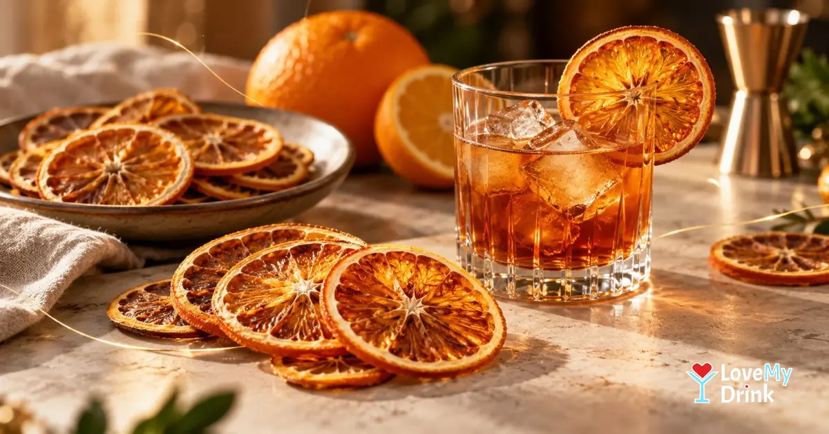 Dried orange slices arranged beside an amber cocktail with a dried orange garnish in warm natural light.