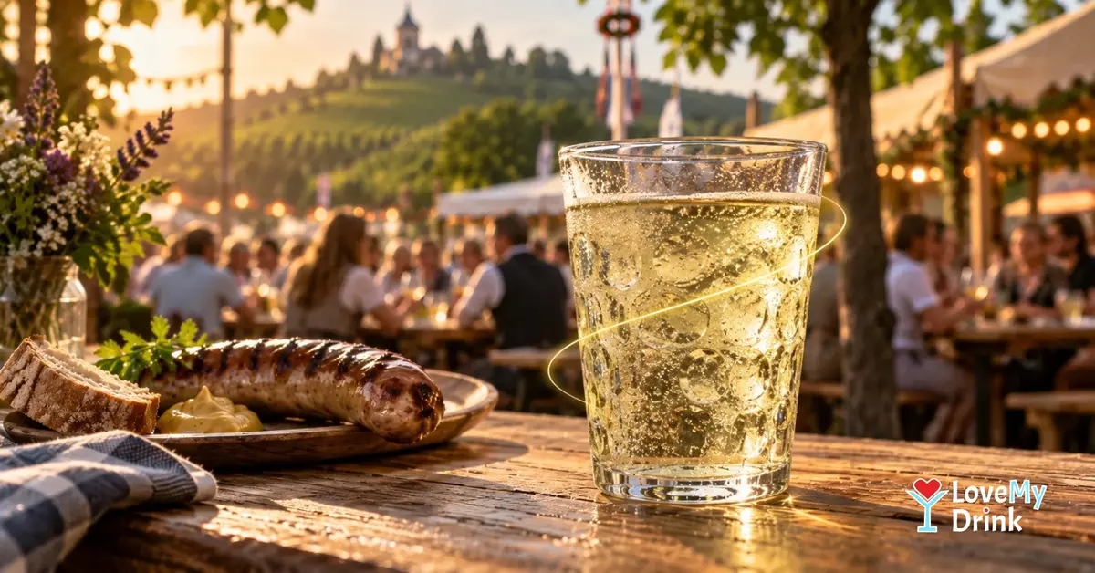Rieslingschorle in a Dubbeglas with bratwurst at a traditional German wine festival