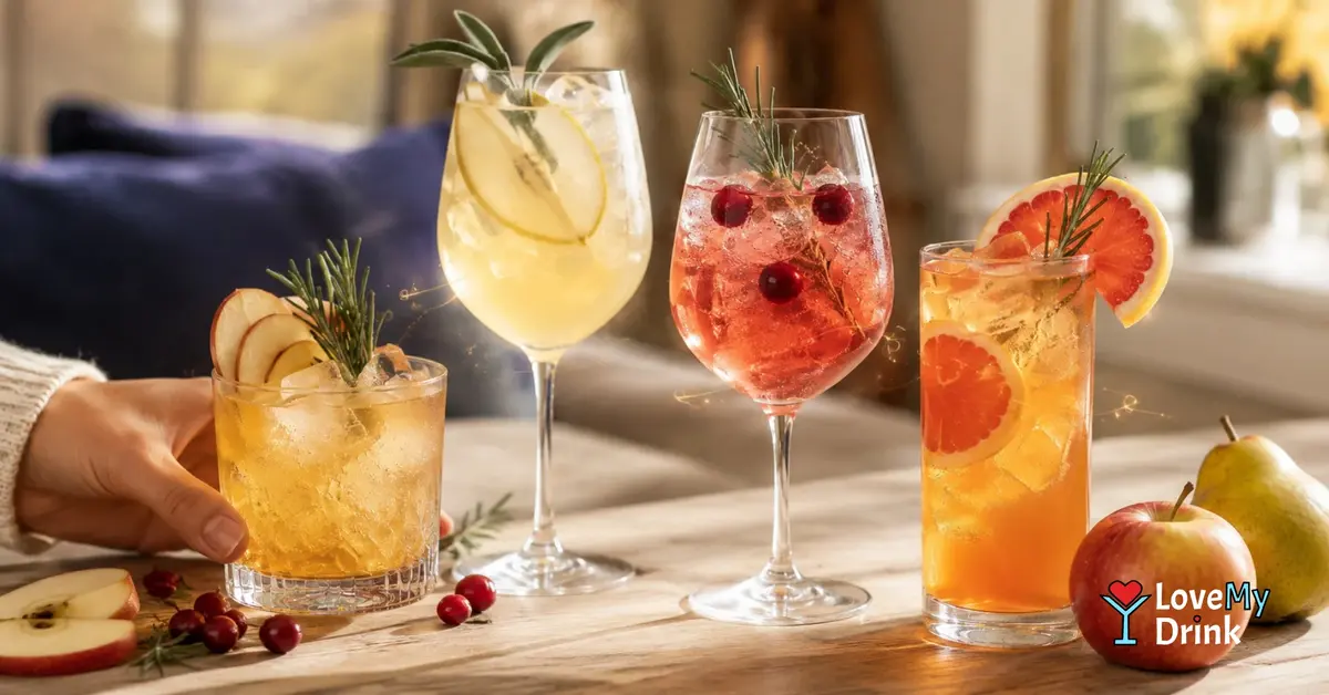 Four bright fall cocktails with apple, pear, cranberry and grapefruit in a warm autumn home setting.