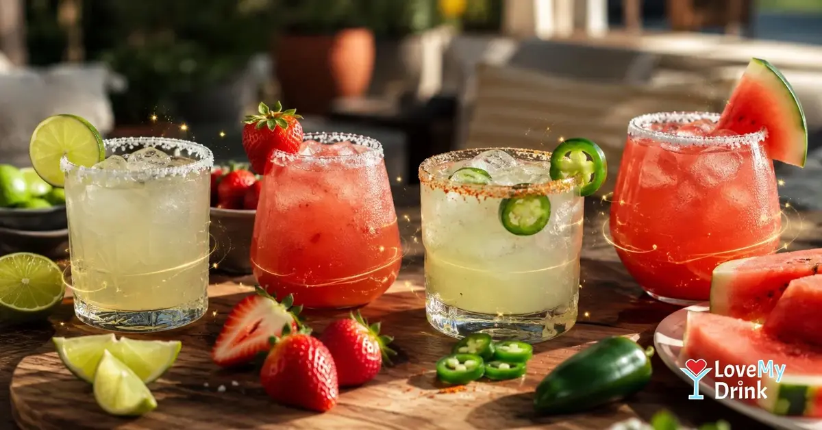 Colorful Margarita variations on a home table with lime, strawberry and jalapeño