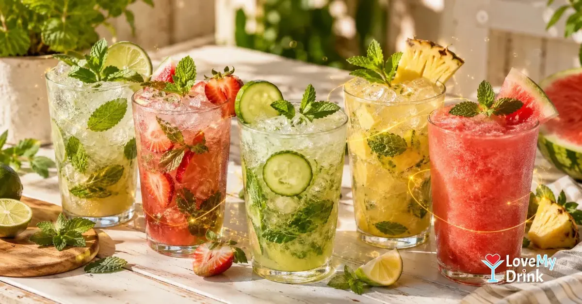 Easy mojito variations with fresh fruit, mint, lime and ice on a summer table