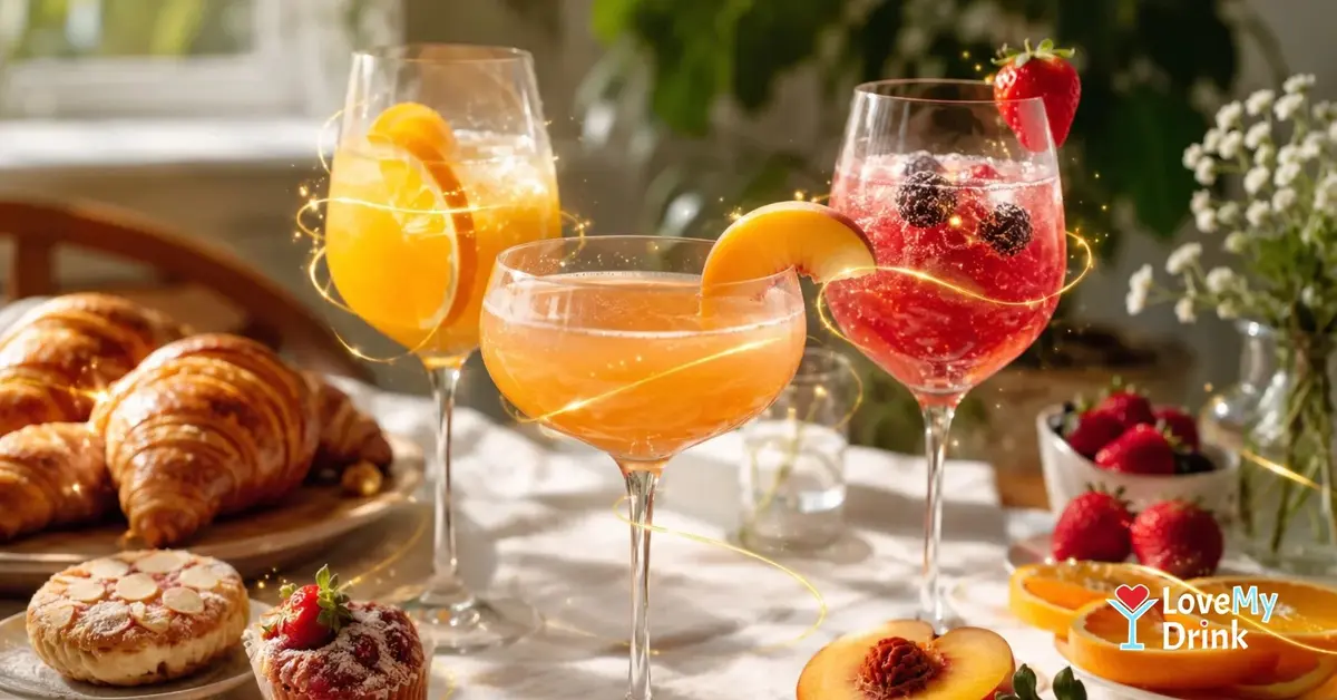 Pretty Prosecco brunch cocktails with fruit and pastries on a sunny table