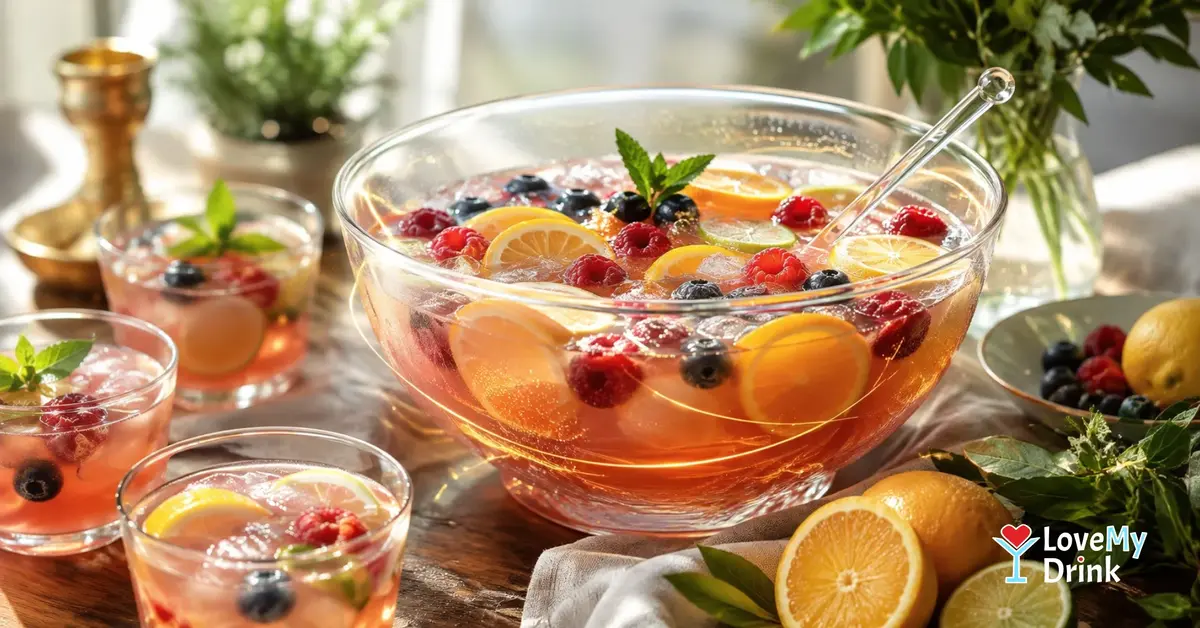 Glass punch bowl with citrus and berries, surrounded by party drinks.