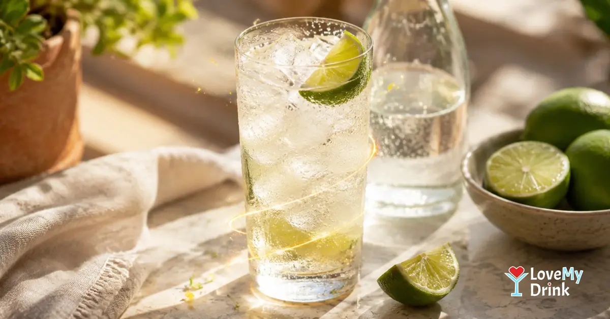 Refreshing Ranch Water with tequila, fresh lime, ice and sparkling mineral water.