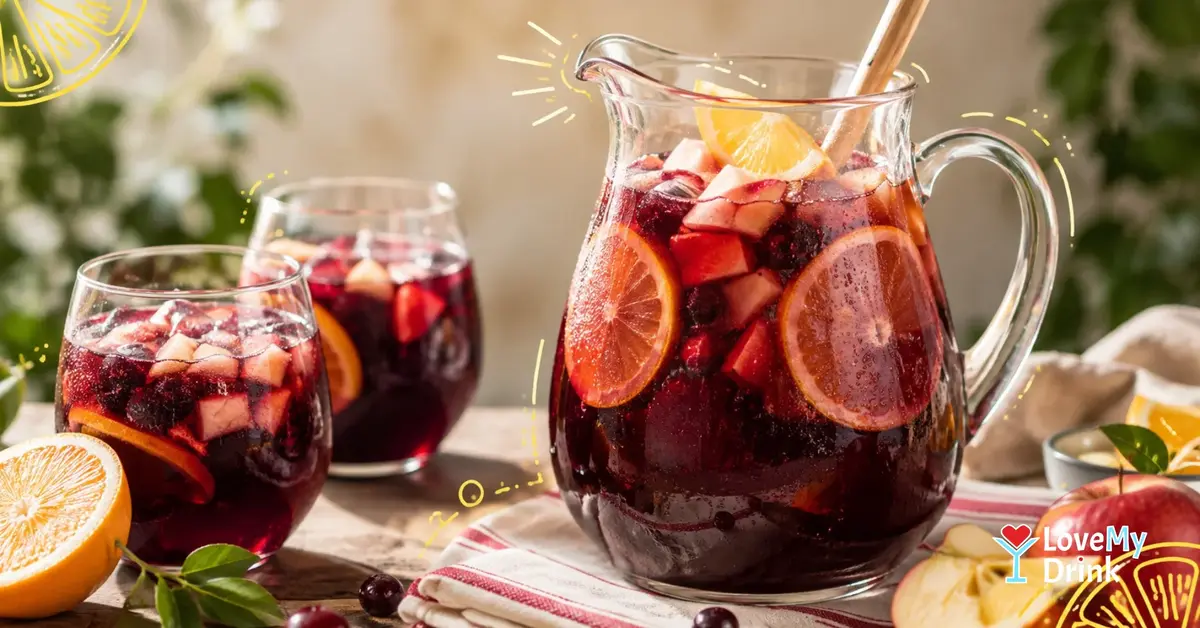 Pitcher of red sangria with orange, apple and ice on a bright summer table with two glasses.