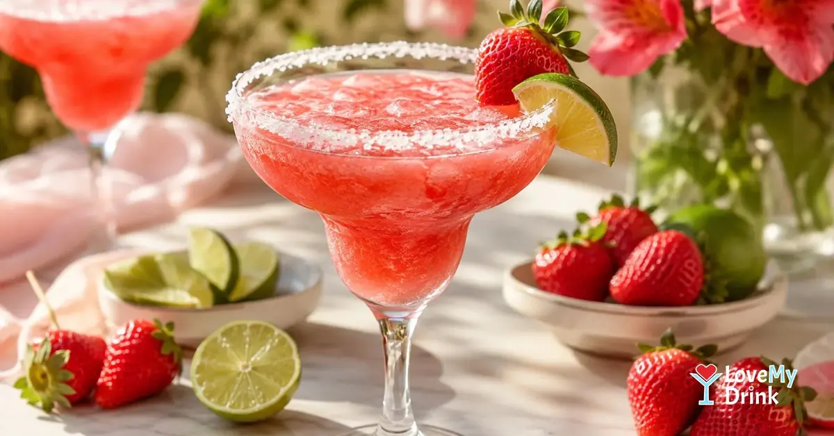 Strawberry margarita with fresh strawberries and lime on a summer table
