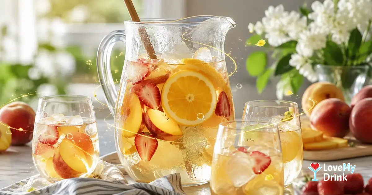 White sangria with peaches, strawberries and citrus in a glass pitcher with stemless glasses.