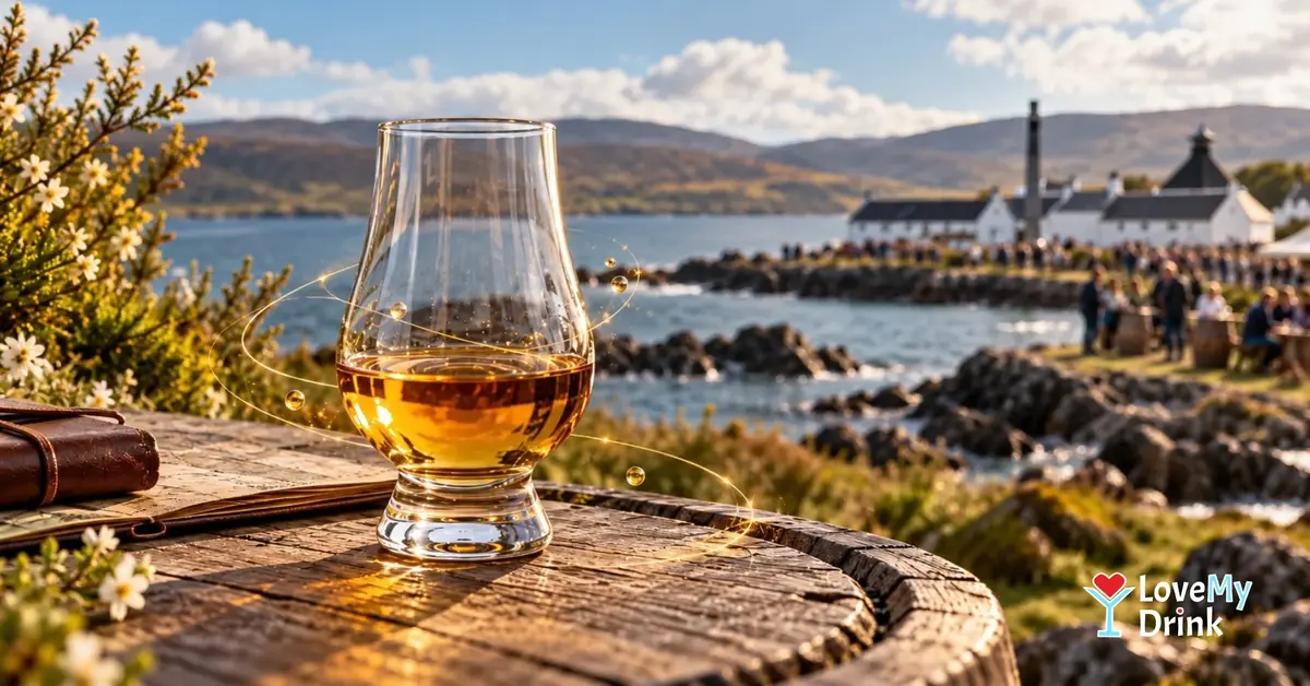 Glass of amber whisky overlooking a coastal distillery and festival gathering on Scotland's Isle of Islay