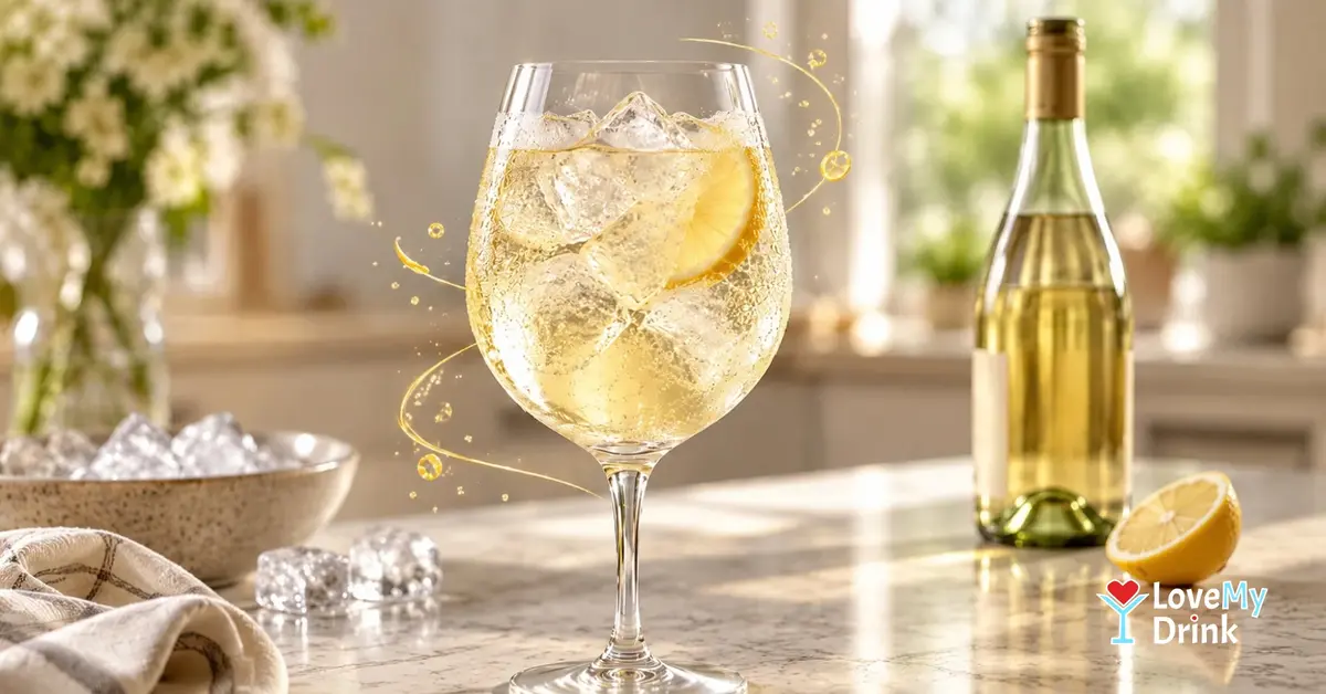 Icy white wine spritzer with lemon and a room-temperature wine bottle in a bright home kitchen