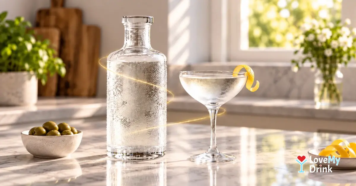Frosted bottle of freezer Martini beside a chilled coupe with lemon twist on a sunlit kitchen counter.