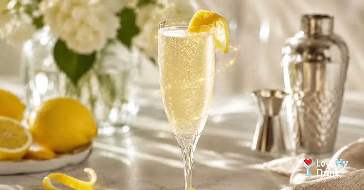 French 75 cocktail with gin, lemon and Champagne, finished with a lemon twist.