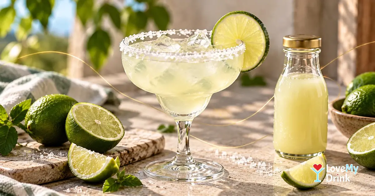 A lime Margarita with fresh-cut limes and a small unlabelled bottle of lime juice in warm natural light.