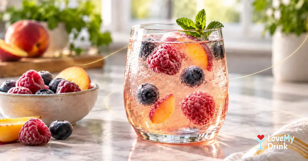 Pale pink cocktail chilled with frozen raspberries, blueberries and peach instead of ice